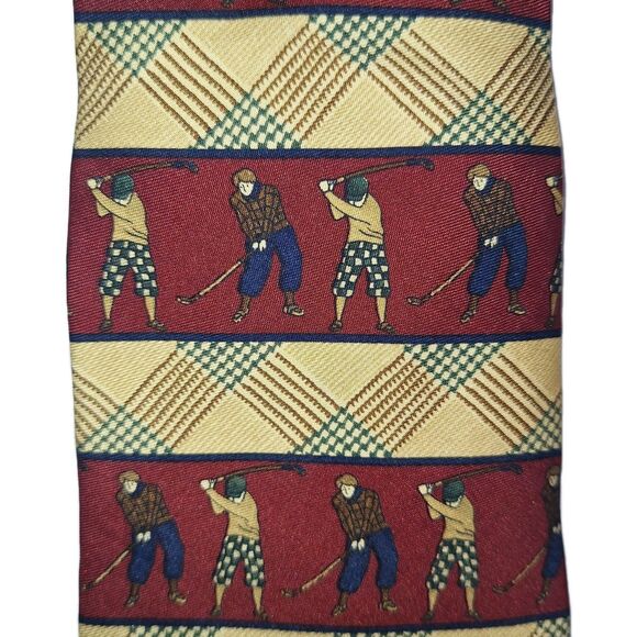 Tommy Hilfiger Golf Tie 100% Italian Silk 59"x4" Burgundy Tan Excellent Cond - Picture 2 of 5